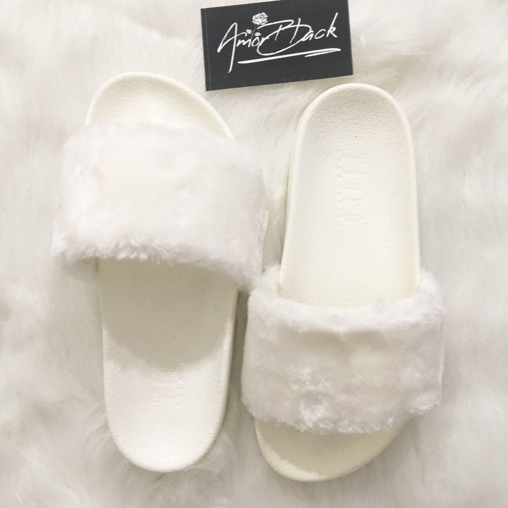 White Faux Fur Slides